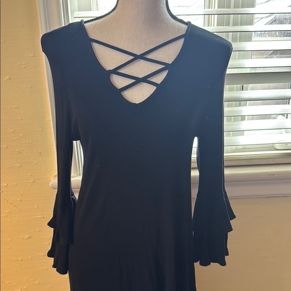 Black Lace Up Ruffle Bell Sleeve Mini​ Dress - Picture 2 of 7